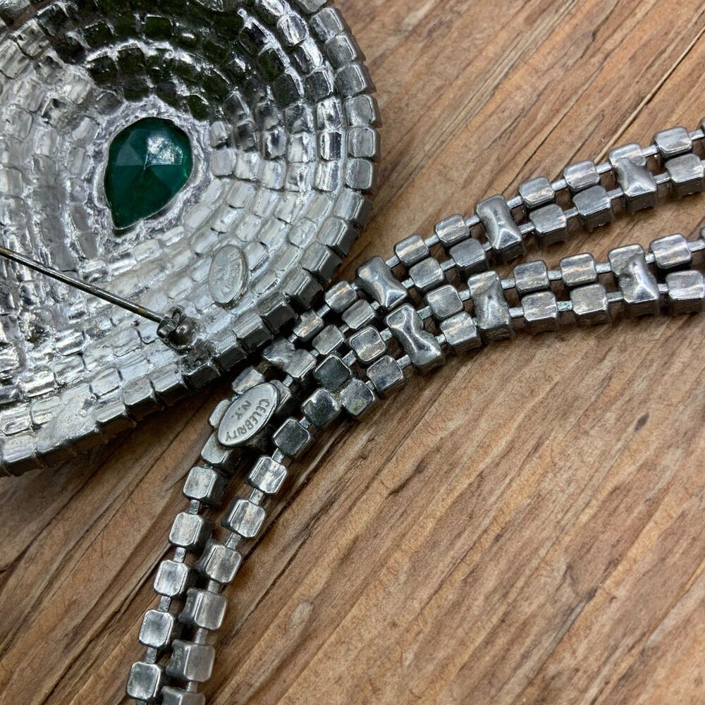 Celebrity NY Vintage Glass Green Stone Teardrop Crystal Necklace Brooch - Picture 5 of 9